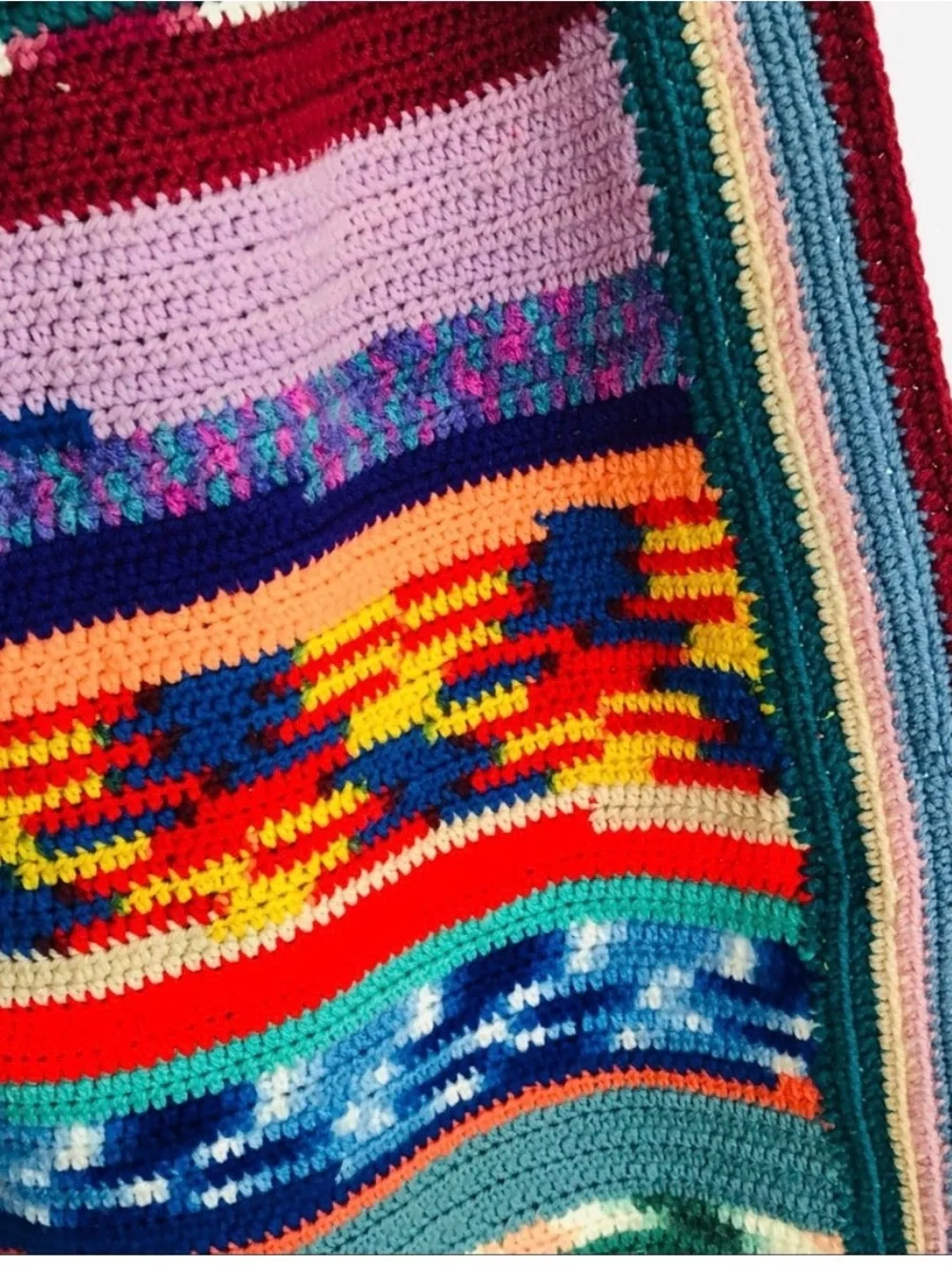 Vintage Boho Hippie Handmade Colorful Crochet Afghan Throw Blanket